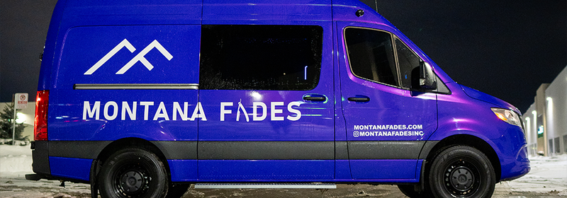 Montana Fades Sprinter van branded as a luxury mobile barbershop, parked and ready to deliver premium fade haircuts across Oakville, Ontario and the GTA.