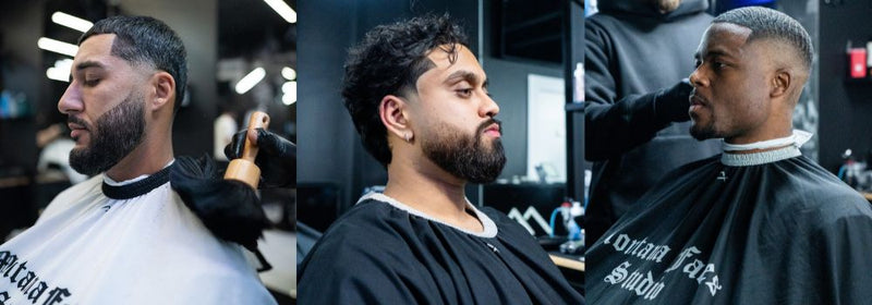 Three men with different face shapes receiving precision fade haircuts at Montana Fades barbershop in Oakville, each style tailored to complement their features.