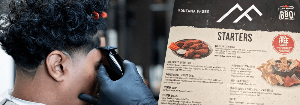 Stylist crafting a fade haircut next to Montana Fades logo and tongue-in-cheek Montna’s Oakville BBQ menu